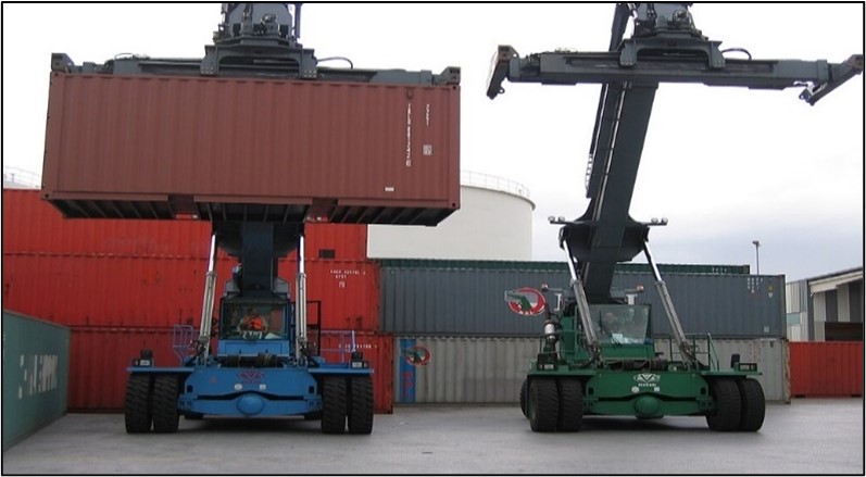 Image Showing reach stackers loading cargo containers